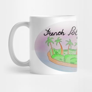 French Polynesia watercolor Island travel, beach, sea and palm trees. Holidays and vacation, summer and relaxation Mug